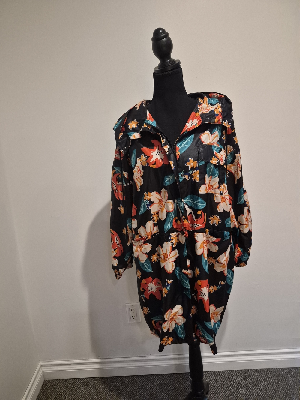 Zara Black Floral Hooded Rain Coat